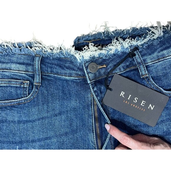 Risen Women Jeans RAW EDGE WAIST W FRAYED HEM FLARE Blue Distressed 32/15 NWT - Picture 11 of 16